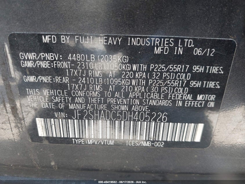 2013 Subaru Forester VIN JF2SHADC5DH405226 IAAI salvage auction — THEFT, Clear - Dealer Only (California), sold $275 on 2026-07-22 (photo 9)