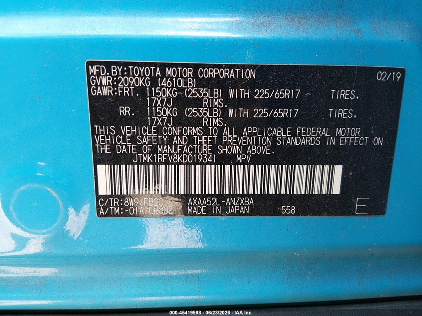 2019 Toyota Rav 4 VIN JTMK1RFV8KD019341 IAAI salvage auction — FRONT END, Salvage (Georgia), sold $5,200 on 2026-07-24 (photo 9)