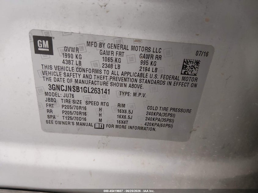 2016 Chevrolet Trax VIN 3GNCJNSB1GL263141 IAAI salvage auction — REAR END, Salvage Title, sold $600 on 2026-07-31 (photo 9)