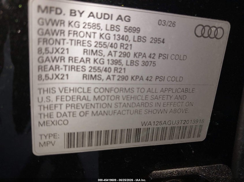 2026 Audi Sq5 VIN WA125AGU3T2013918 IAAI salvage auction — SIDE, Rebuildable (Florida), sold $34,250 on 2026-07-20 (photo 9)