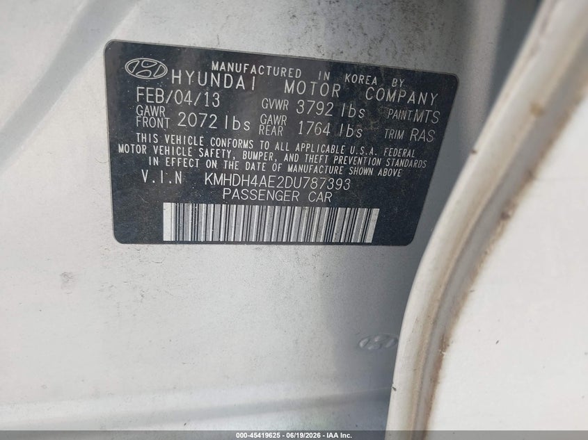 2013 Hyundai Elantra VIN KMHDH4AE2DU787393 IAAI salvage auction — NORMAL WEAR, Original (Texas), sold $1,450 on 2026-07-08 (photo 9)