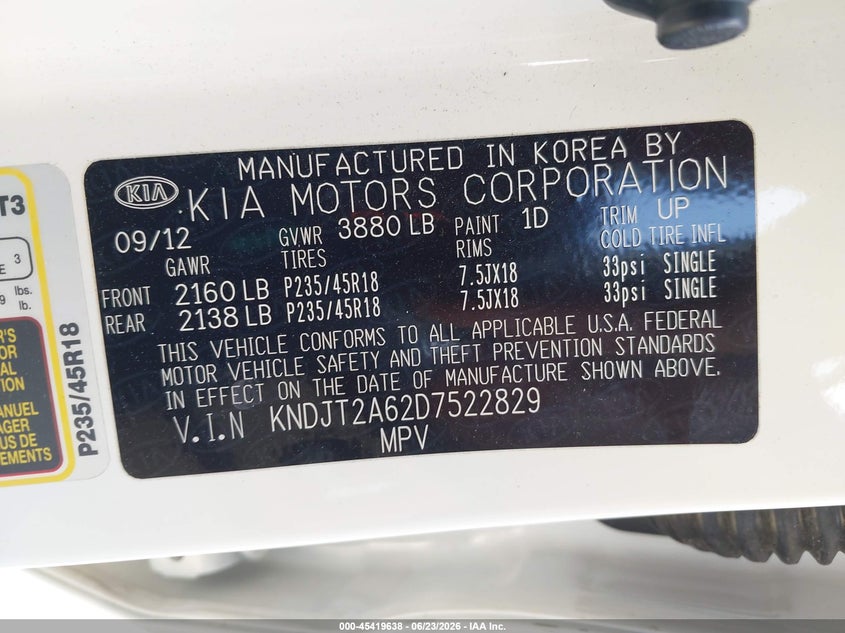 2013 Kia Soul VIN KNDJT2A62D7522829 IAAI salvage auction — FRONT END, Original (Texas), sold $775 on 2026-07-23 (photo 9)