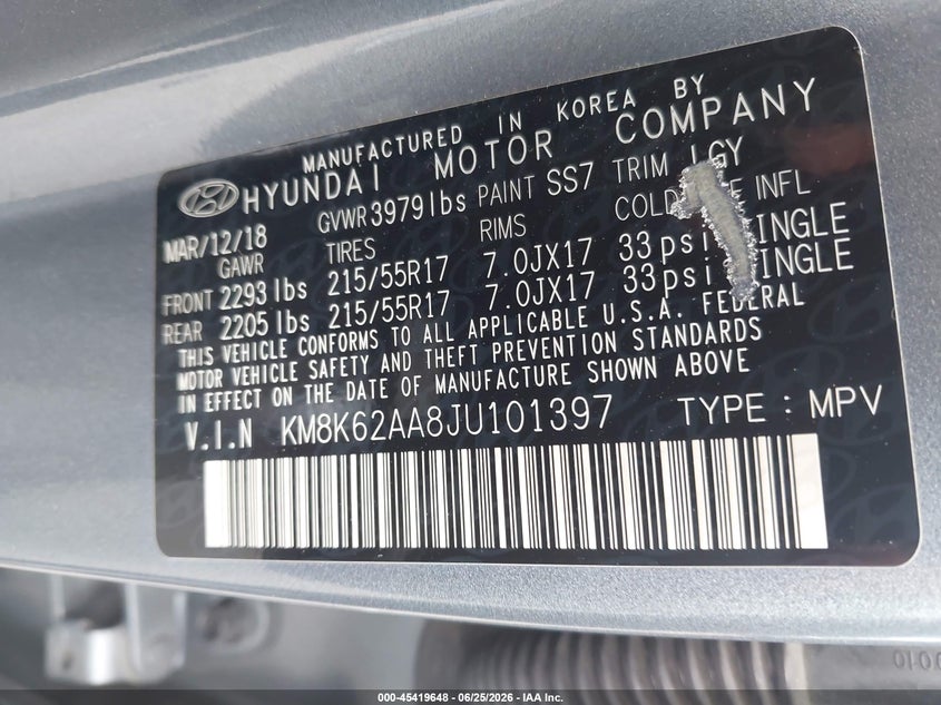 2018 Hyundai Kona VIN KM8K62AA8JU101397 IAAI salvage auction — SIDE, Salvage Certificate (California), sold $2,650 on 2026-07-10 (photo 9)