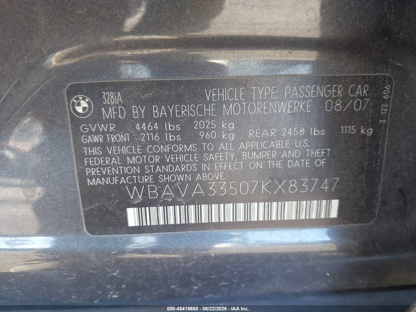 2007 BMW 3 series VIN WBAVA33507KX83747 IAAI salvage auction — SIDE, Salvage Certificate (California), sold $525 on 2026-07-10 (photo 9)