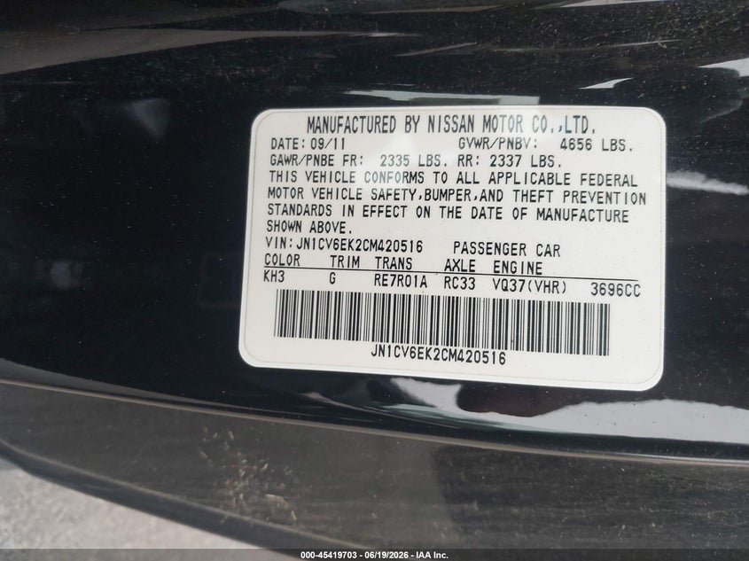 2012 Infiniti G VIN JN1CV6EK2CM420516 IAAI salvage auction — NORMAL WEAR, Salvage Title, sold $2,025 on 2026-07-14 (photo 9)