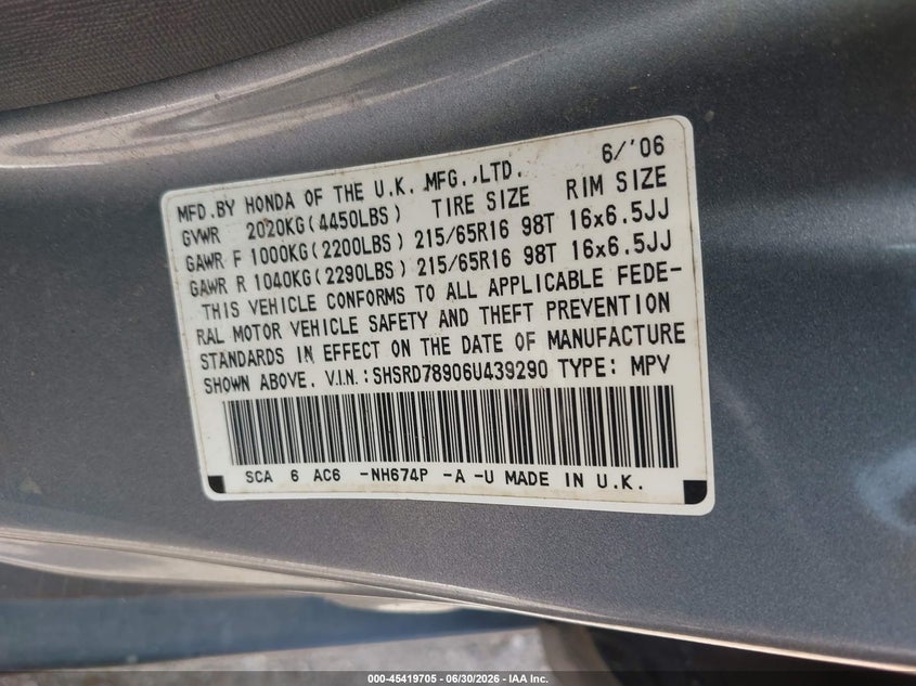 2006 Honda Cr-v VIN SHSRD78906U439290 IAAI salvage auction — WATER/FLOOD, Salvage (Texas), sold $425 on 2026-07-23 (photo 9)