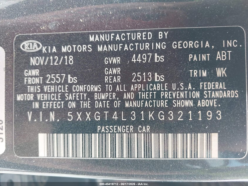 2019 Kia Optima VIN 5XXGT4L31KG321193 IAAI salvage auction — FRONT END, Salvage (Alabama), sold $500 on 2026-07-06 (photo 9)