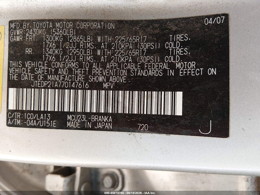 2007 Toyota Highlander VIN JTEDP21A770147616 IAAI salvage auction — NORMAL WEAR, Clear-Dealer Only (Arizona), sold $850 on 2026-07-28 (photo 9)