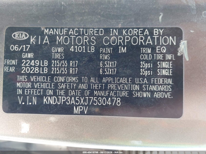 2018 Kia Soul VIN KNDJP3A5XJ7530478 IAAI salvage auction — NORMAL WEAR, Salvage Title - Dealer (California), sold $1,575 on 2026-07-22 (photo 9)