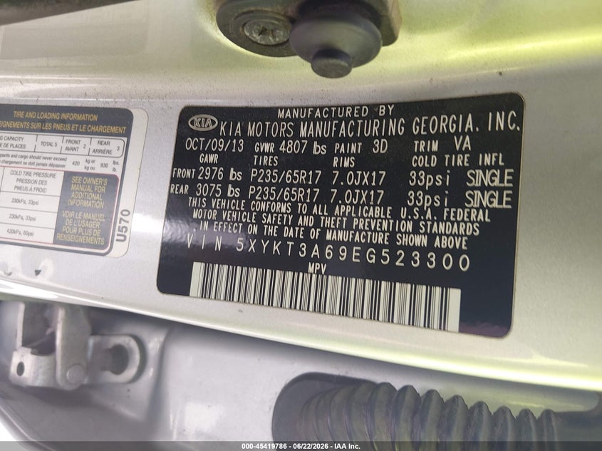 2014 Kia Sorento VIN 5XYKT3A69EG523300 IAAI salvage auction — RIGHT SIDE, Original (Texas), sold $975 on 2026-07-31 (photo 9)