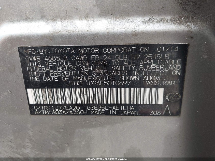 2014 Lexus Is VIN JTHCF1D26E5010697 IAAI salvage auction — SIDE, Clear (Oklahoma), sold $3,750 on 2026-07-28 (photo 9)