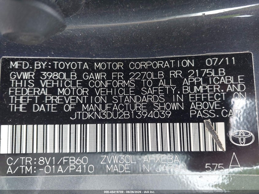 2011 Toyota Prius VIN JTDKN3DU2B1394039 IAAI salvage auction — LEFT FRONT, Salvage (Idaho), sold $575 on 2026-07-08 (photo 9)