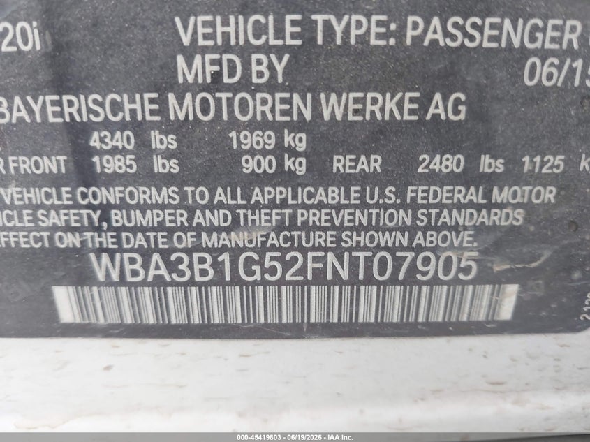 2015 BMW 3er VIN WBA3B1G52FNT07905 IAAI salvage auction — LEFT SIDE, Salvage (California), sold $1,500 on 2026-07-29 (photo 9)