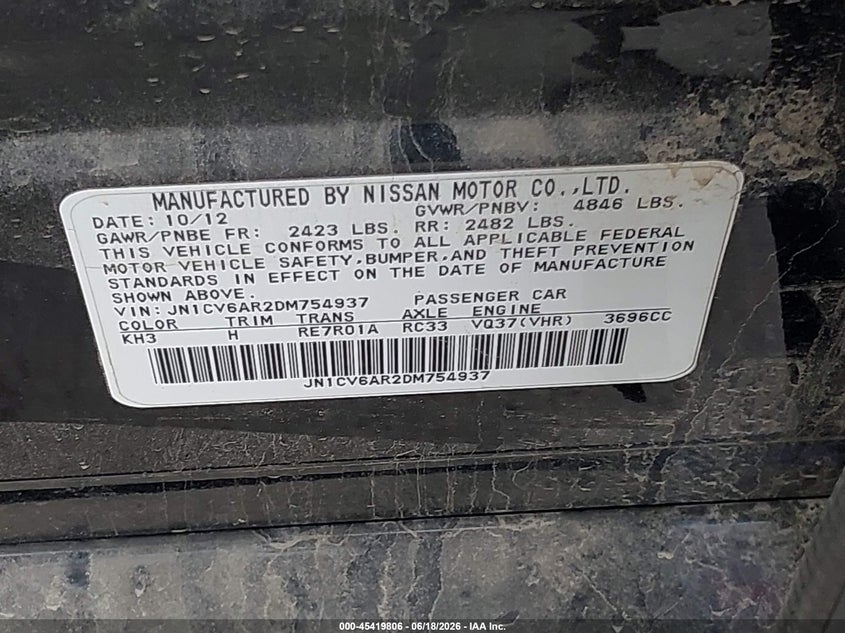 2013 Infiniti G VIN JN1CV6AR2DM754937 IAAI salvage auction — SIDE, Clear (Indiana), sold $950 on 2026-08-02 (photo 9)