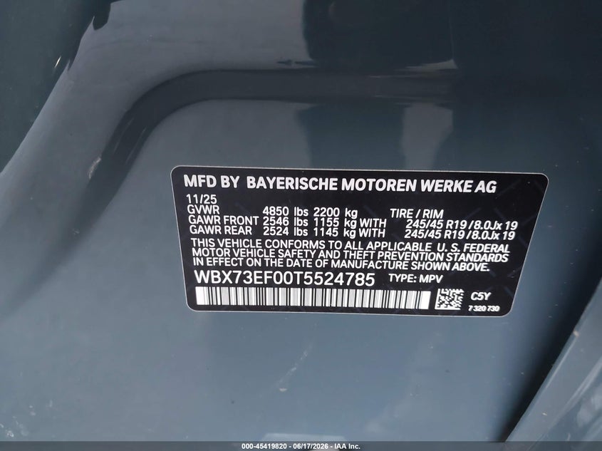 2026 BMW X1 VIN WBX73EF00T5524785 IAAI salvage auction — FRONT & REAR, Salvage (California), sold $3,650 on 2026-07-09 (photo 9)