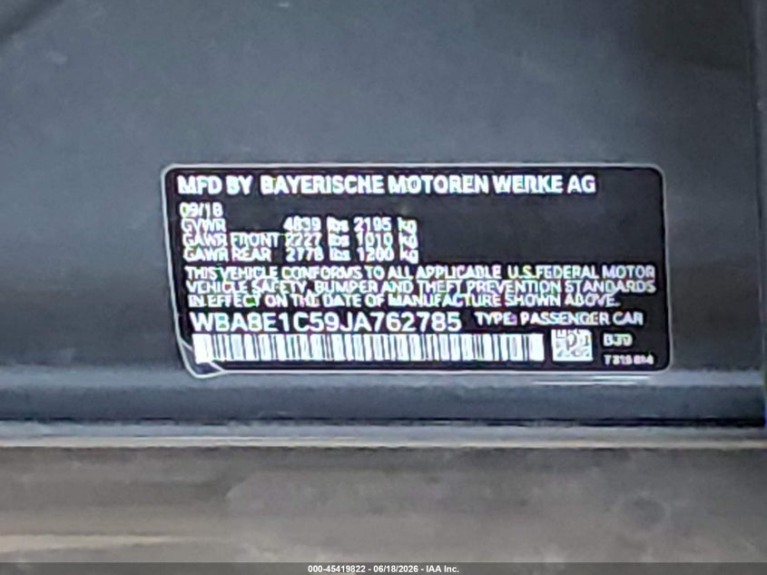 2018 BMW 3er VIN WBA8E1C59JA762785 IAAI salvage auction — RIGHT FRONT, Salvage (Arizona), sold $3,250 on 2026-07-21 (photo 9)