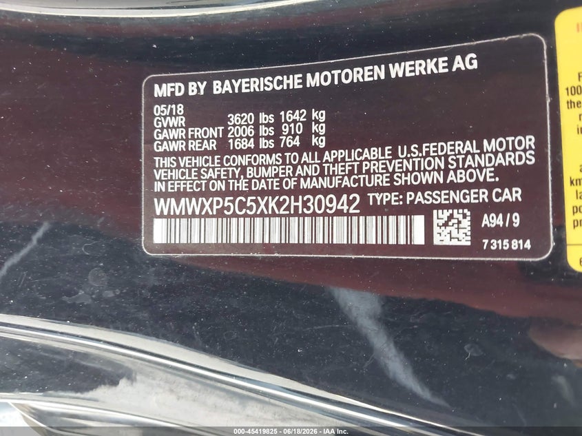 2019 Mini Hard top VIN WMWXP5C5XK2H30942 IAAI salvage auction — FRONT END, Rebuildable (Florida), sold $800 on 2026-07-30 (photo 9)