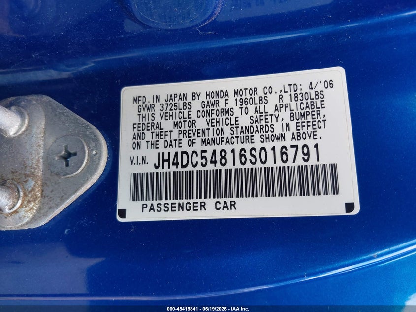 2006 Acura Rsx VIN JH4DC54816S016791 IAAI salvage auction — FRONT END, Salvage - Greater Than 75% (Maryland), sold $375 on 2026-07-09 (photo 9)