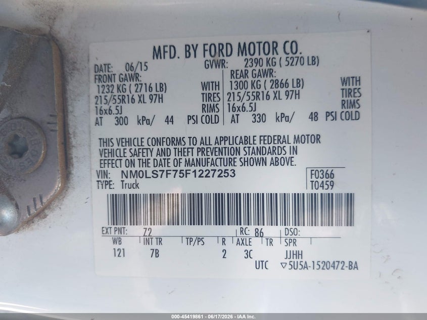 2015 Ford VIN NM0LS7F75F1227253 IAAI salvage auction — FRONT END, Salvage Title, sold $700 on 2026-07-20 (photo 9)