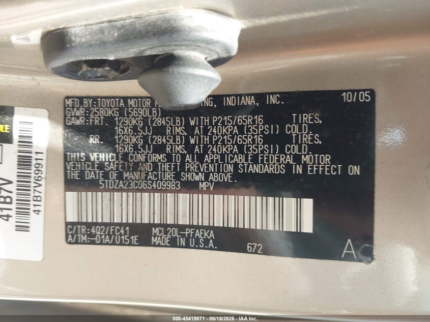 2006 Toyota Sienna VIN 5TDZA23C06S409983 IAAI salvage auction — NORMAL WEAR, Original (Texas), sold $1,250 on 2026-07-22 (photo 9)