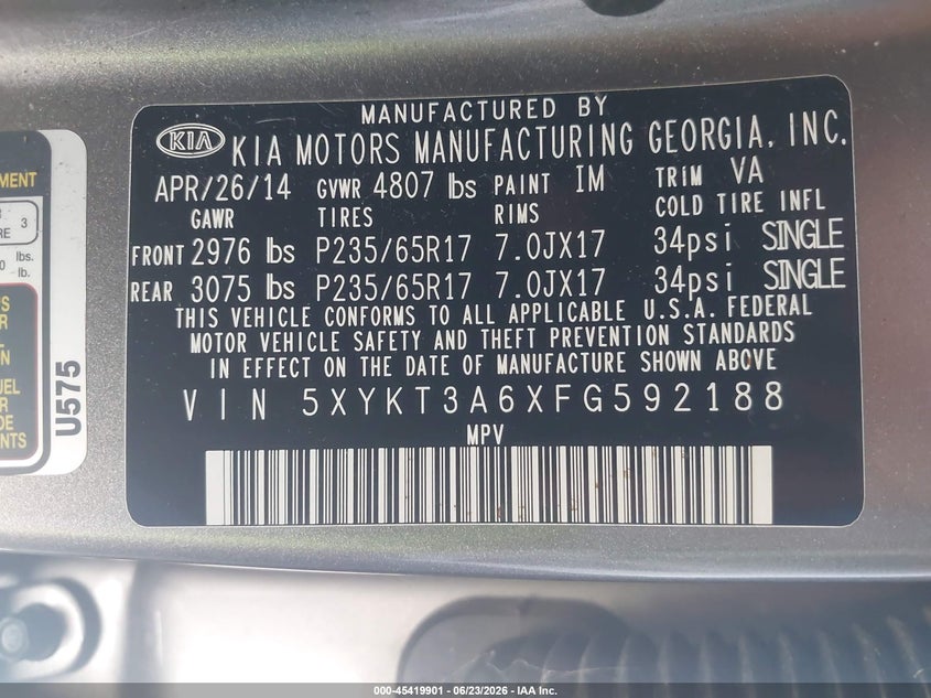 2015 Kia Sorento VIN 5XYKT3A6XFG592188 IAAI salvage auction — THEFT, Salvage (California), sold $675 on 2026-07-09 (photo 9)