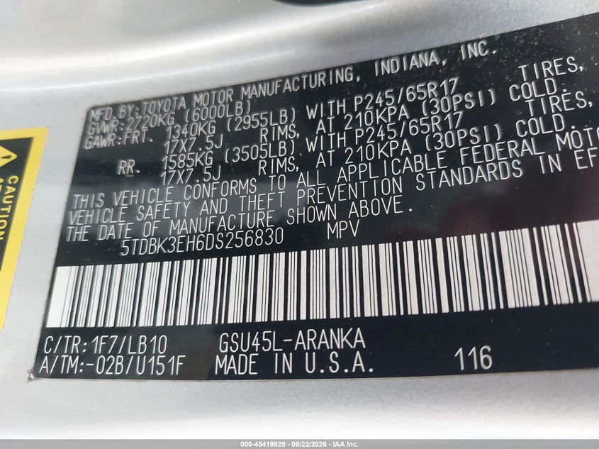 2013 Toyota Highlander VIN 5TDBK3EH6DS256830 IAAI salvage auction — RIGHT SIDE, Salvage (Virginia), sold $6,025 on 2026-07-13 (photo 9)