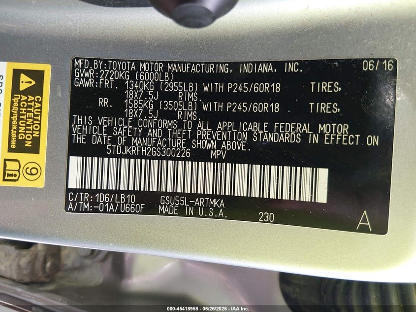 2016 Toyota Highlander VIN 5TDJKRFH2GS300226 IAAI salvage auction — SIDE, Salvage Title, sold $5,100 on 2026-07-16 (photo 9)