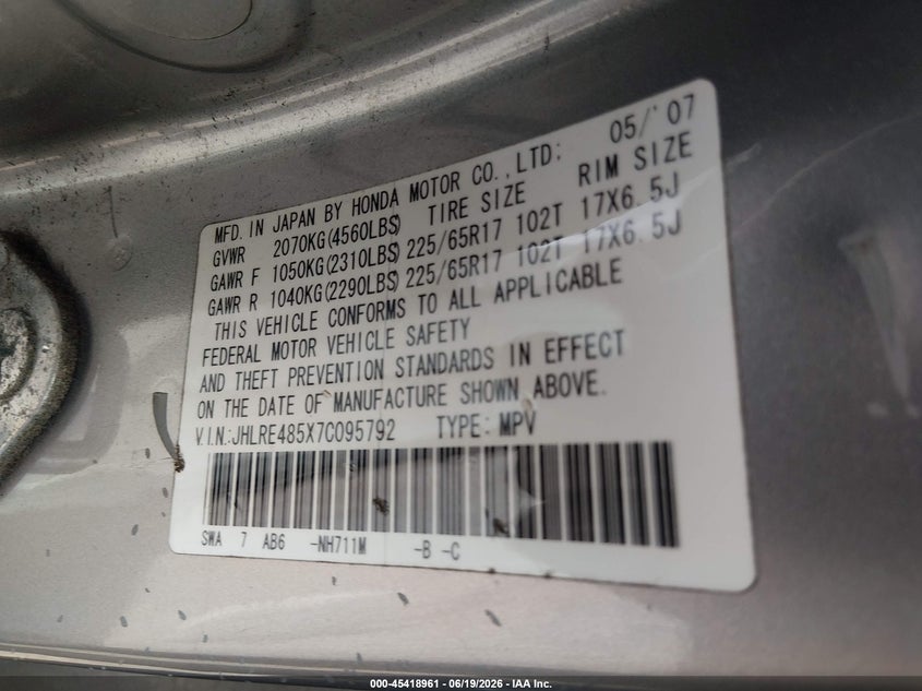 2007 Honda Cr-v VIN JHLRE485X7C095792 IAAI salvage auction — NORMAL WEAR, Clear (Montana), sold $425 on 2026-07-17 (photo 9)