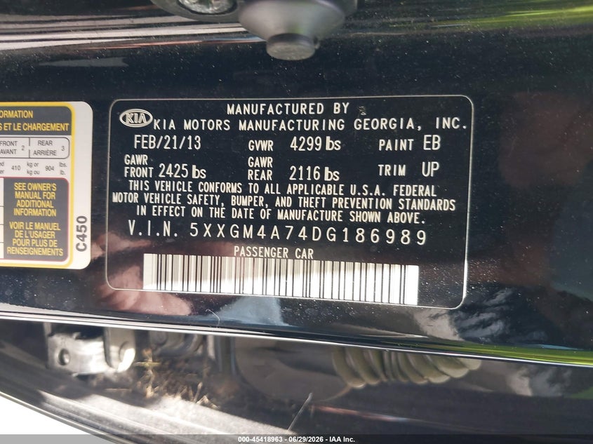 2013 Kia Optima VIN 5XXGM4A74DG186989 IAAI salvage auction — SIDE, Salvage (Texas), sold $675 on 2026-07-22 (photo 9)