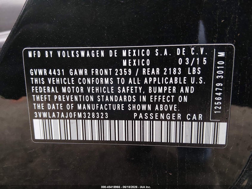 2015 Volkswagen Jetta VIN 3VWLA7AJ0FM328323 IAAI salvage auction — NORMAL WEAR, Clear (Kansas), sold $1,050 on 2026-07-10 (photo 9)