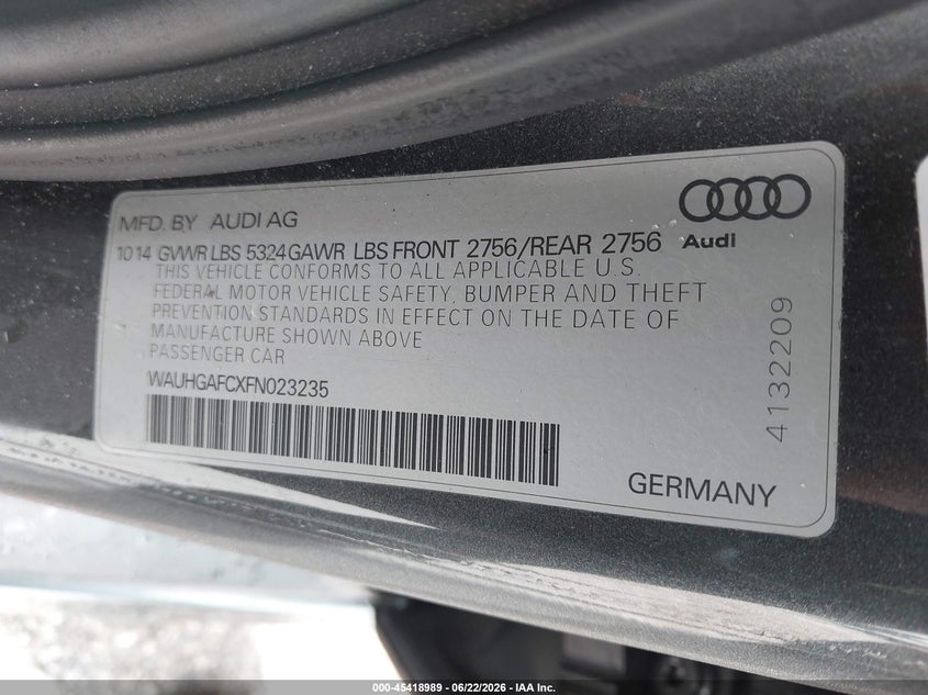 2015 Audi A6 VIN WAUHGAFCXFN023235 IAAI salvage auction — RIGHT FRONT, Salvage (Idaho), sold $1,575 on 2026-07-06 (photo 9)