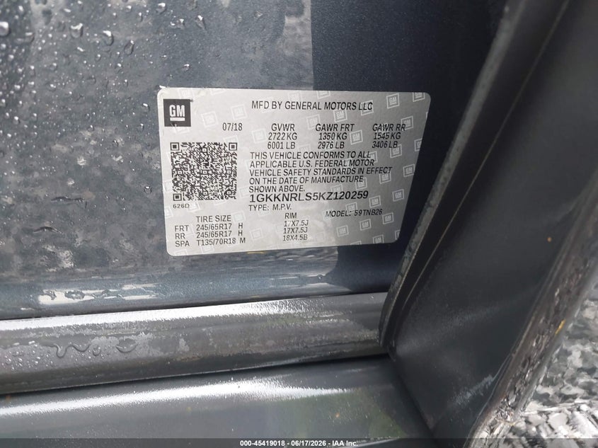 2019 Gmc Acadia VIN 1GKKNRLS5KZ120259 IAAI salvage auction — NORMAL WEAR, Sf97 (New York), sold $11,100 on 2026-07-23 (photo 9)