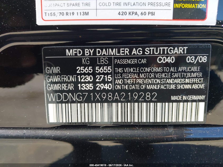 2008 Mercedes-benz S class VIN WDDNG71X98A219282 IAAI salvage auction — FRONT END, Clear - Dealer Only (California), sold $1,000 on 2026-07-15 (photo 9)