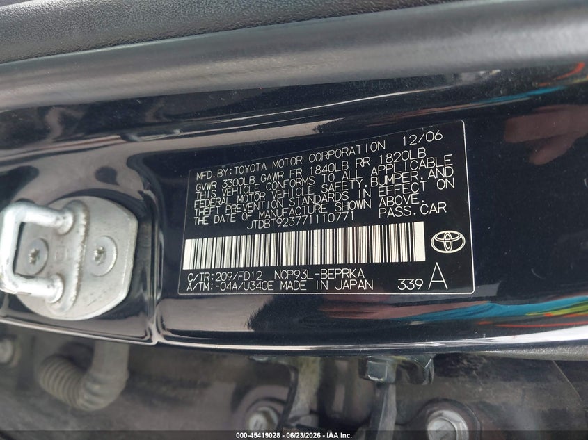 2007 Toyota Yaris VIN JTDBT923771110771 IAAI salvage auction — NORMAL WEAR, Original (Texas), sold $550 on 2026-07-14 (photo 9)