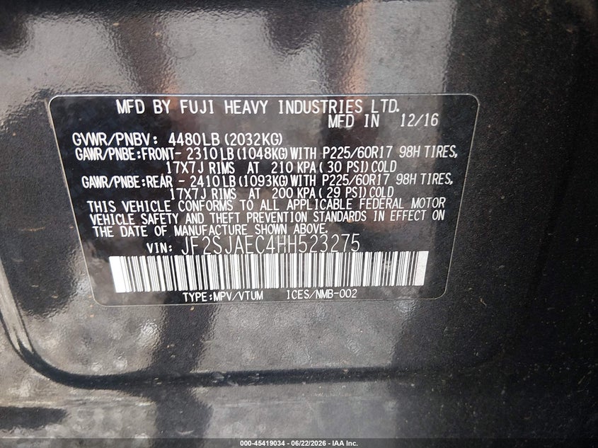 2017 Subaru Forester VIN JF2SJAEC4HH523275 IAAI salvage auction — FRONT & REAR, Salvage (South Carolina), sold $25 on 2026-07-28 (photo 9)