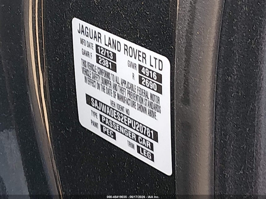 2014 Jaguar Xf VIN SAJWA0ES2EPU20781 IAAI salvage auction — NORMAL WEAR, Salvage (Texas), sold $1,275 on 2026-07-24 (photo 9)