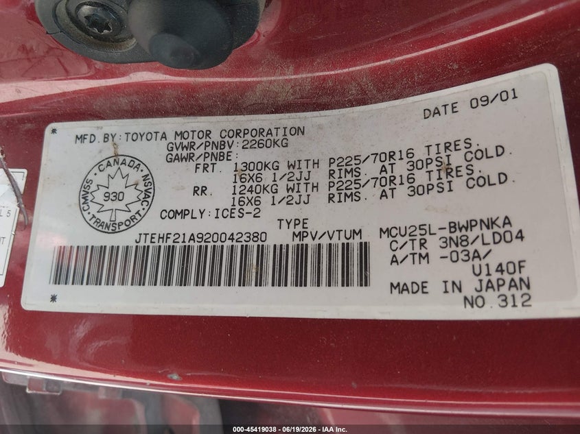 2002 Toyota Highlander VIN JTEHF21A920042380 IAAI salvage auction — NORMAL WEAR, Clear (Montana), sold $25 on 2026-07-08 (photo 9)