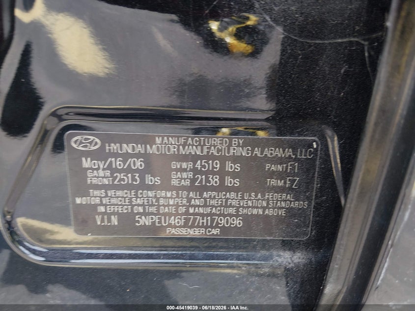2007 Hyundai Sonata VIN 5NPEU46F77H179096 IAAI salvage auction — LEFT SIDE, Rebuildable (Florida), sold $375 on 2026-07-16 (photo 9)
