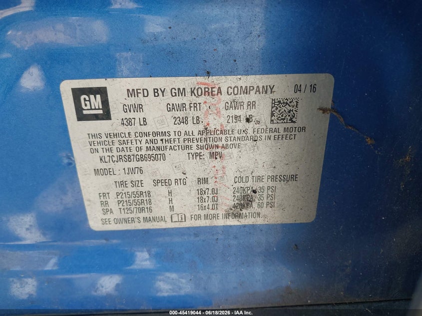 2016 Chevrolet Trax VIN KL7CJRSB7GB695070 IAAI salvage auction — REAR END, Salvage (Indiana), sold $1,750 on 2026-07-09 (photo 9)