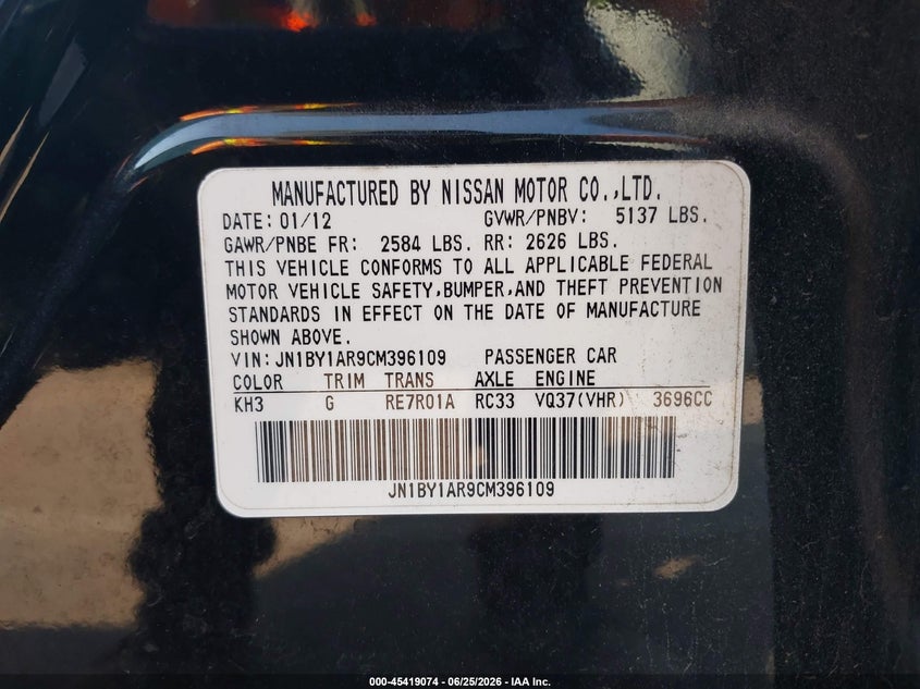 2012 Infiniti M VIN JN1BY1AR9CM396109 IAAI salvage auction — RIGHT REAR, Salvage (Tennessee), sold $1,750 on 2026-07-14 (photo 9)