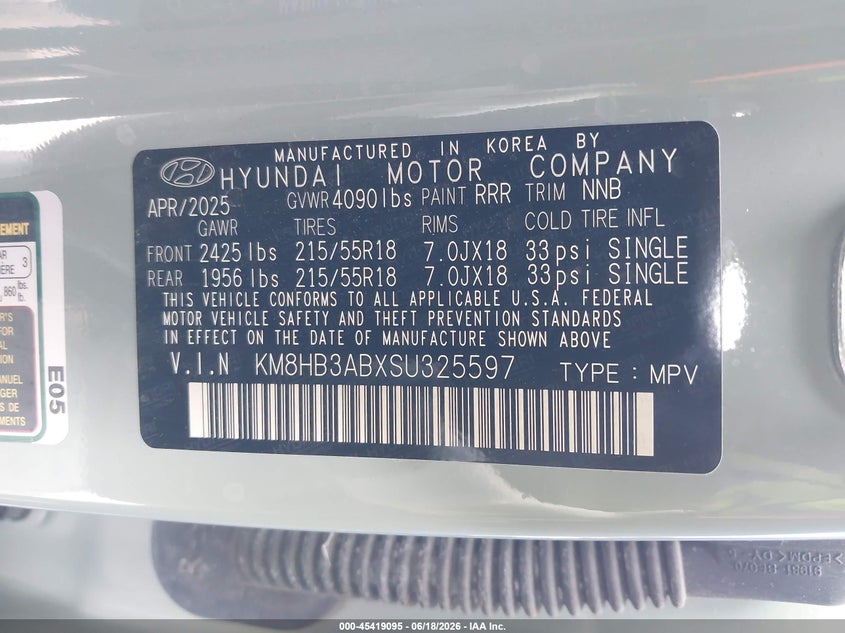 2025 Hyundai Kona VIN KM8HB3ABXSU325597 IAAI salvage auction — RIGHT FRONT, Certificate Of Destruction (Florida), sold $4,000 on 2026-07-28 (photo 9)
