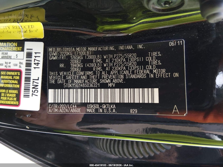 2011 Toyota Sequoia VIN 5TDKY5G14BS036321 IAAI salvage auction — RIGHT FRONT, Salvage (Louisiana), sold $2,850 on 2026-07-29 (photo 9)