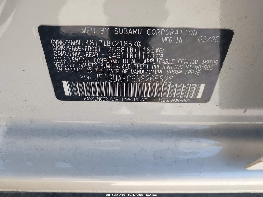 2025 Subaru Impreza VIN JF1GUAFC6S8265526 IAAI salvage auction — REAR END, Mv-907A (New York), sold $8,100 on 2026-07-16 (photo 9)