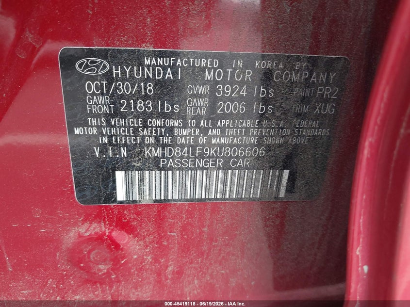 2019 Hyundai Elantra VIN KMHD84LF9KU806606 IAAI salvage auction — FRONT END, Salvage (North Carolina), sold $3,150 on 2026-07-29 (photo 9)