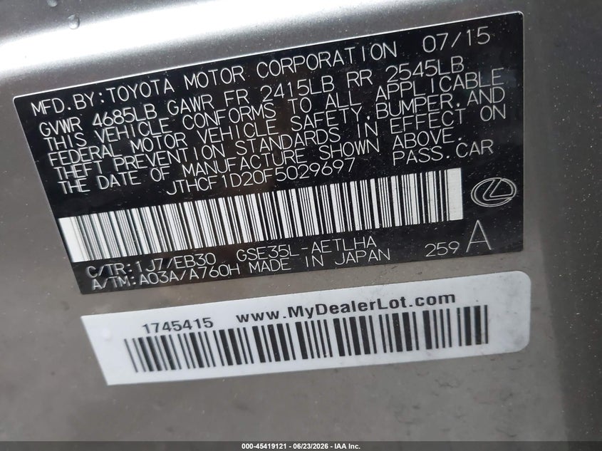 2015 Lexus Is VIN JTHCF1D20F5029697 IAAI salvage auction — FRONT END, Clear (Massachusetts), sold $1,750 on 2026-07-14 (photo 9)