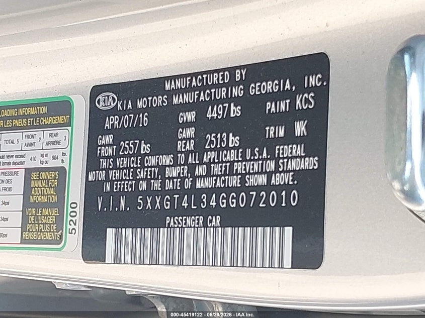 2016 Kia Optima VIN 5XXGT4L34GG072010 IAAI salvage auction — NORMAL WEAR, Sf97 (Washington), sold $7,800 on 2026-08-12 (photo 9)