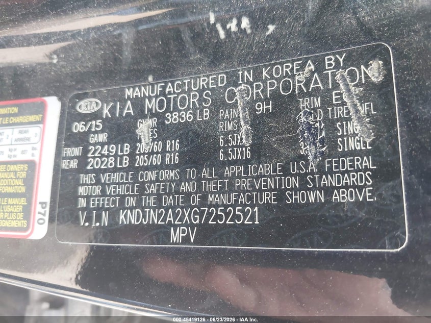 2016 Kia Soul VIN KNDJN2A2XG7252521 IAAI salvage auction — NORMAL WEAR, Clear (Washington), sold $475 on 2026-07-21 (photo 9)