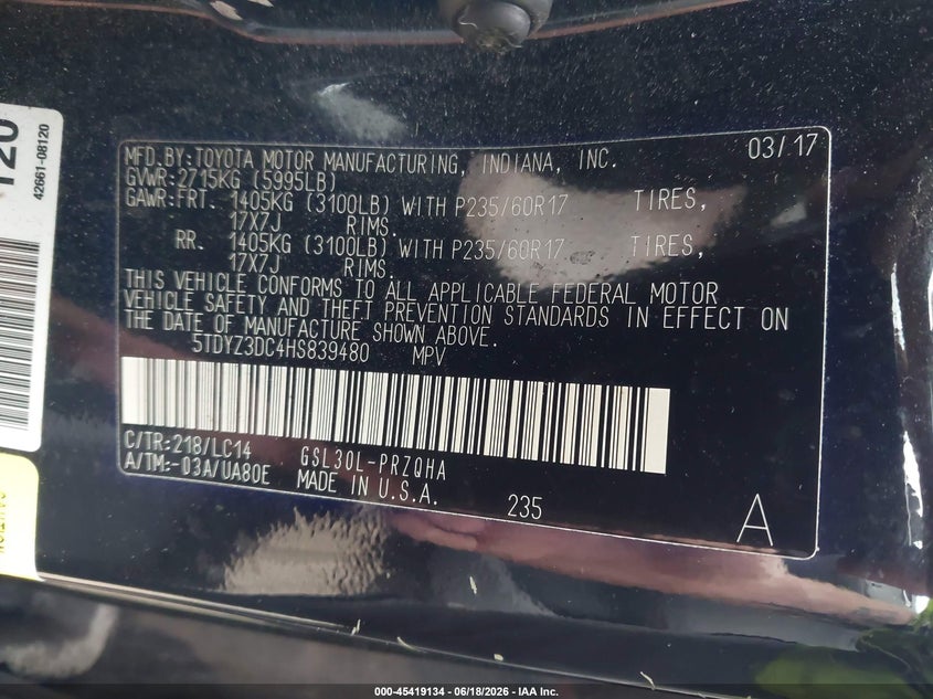2017 Toyota Sienna VIN 5TDYZ3DC4HS839480 IAAI salvage auction — NORMAL WEAR, Clear (New York), sold $3,500 on 2026-07-21 (photo 9)