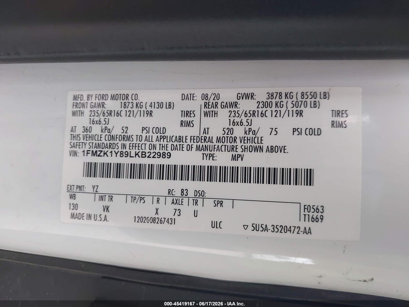 2020 Ford Transit 150 VIN 1FMZK1Y89LKB22989 IAAI salvage auction — NORMAL WEAR, Sf97 (Indiana), sold $15,000 on 2026-08-12 (photo 9)