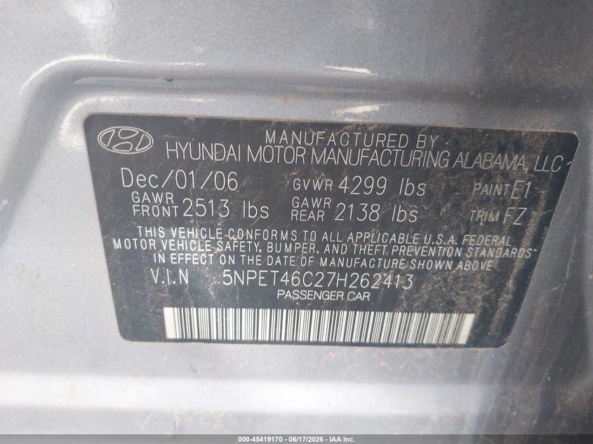 2007 Hyundai Sonata VIN 5NPET46C27H262413 IAAI salvage auction — NORMAL WEAR, Clear (California), sold $175 on 2026-07-21 (photo 9)